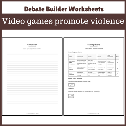 Video games promote violence | Favour and Against Worksheet Printable Activity