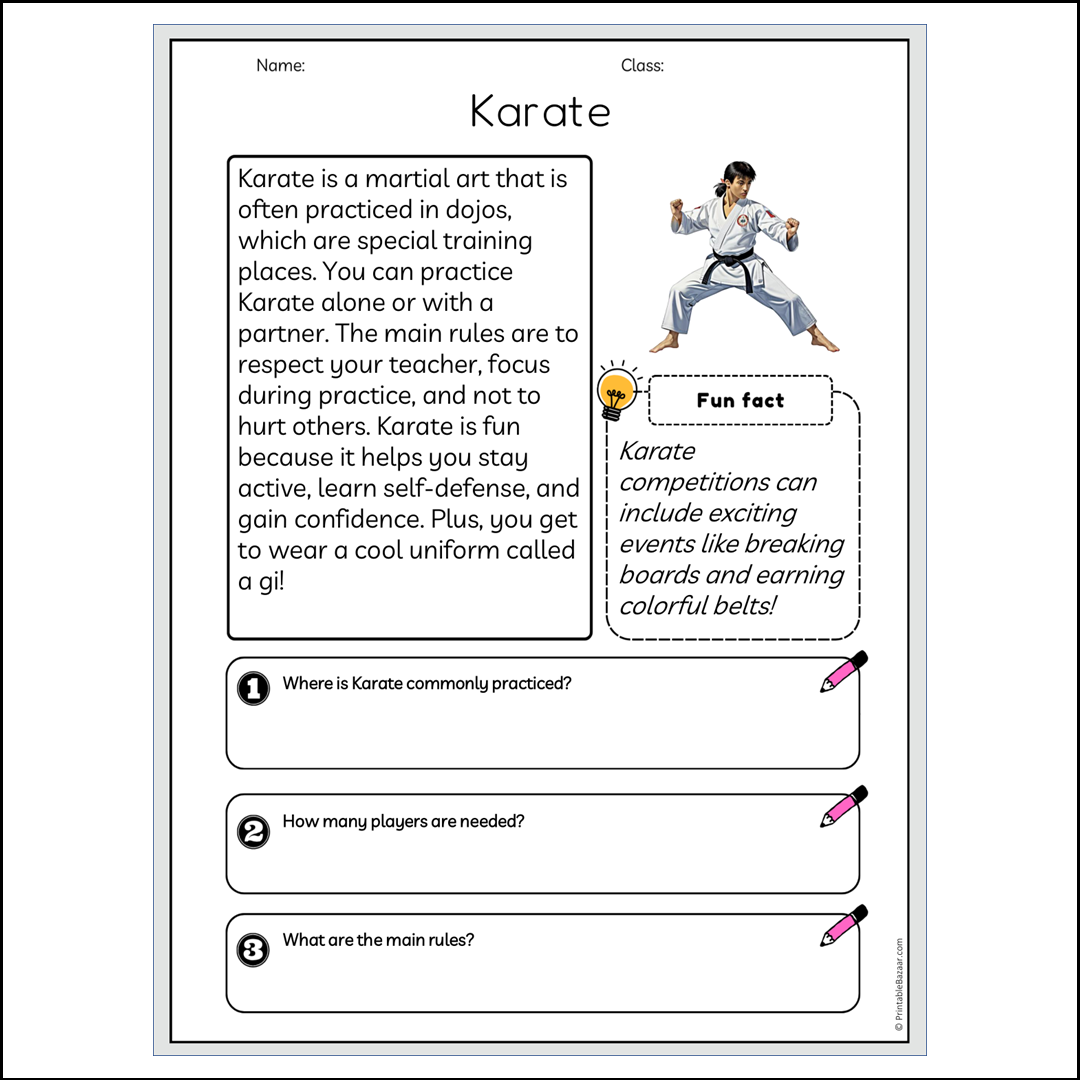 Karate | Reading Passage Comprehension Questions Writing Facts Worksheet