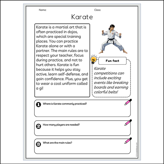 Karate | Reading Passage Comprehension Questions Writing Facts Worksheet