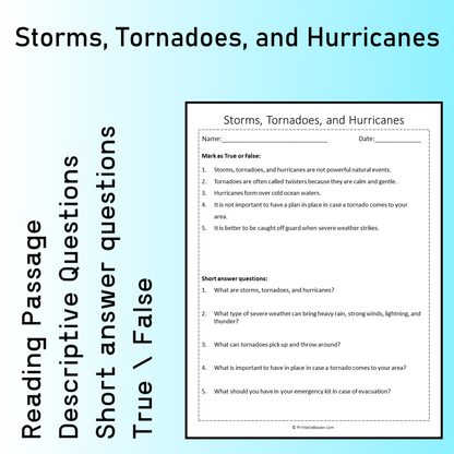 Storms, Tornadoes, and Hurricanes | Reading Comprehension Passage Printable Worksheet