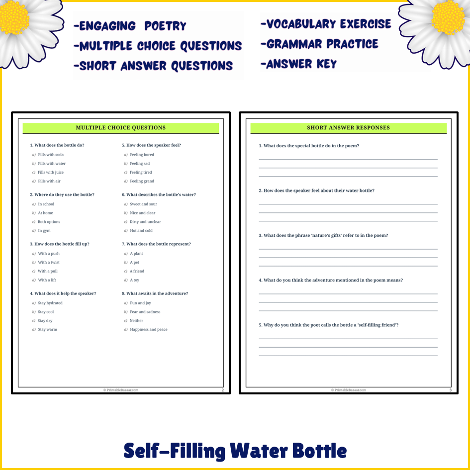 Self-Filling Water Bottle | Poem Grammar Worksheet Printable Activity