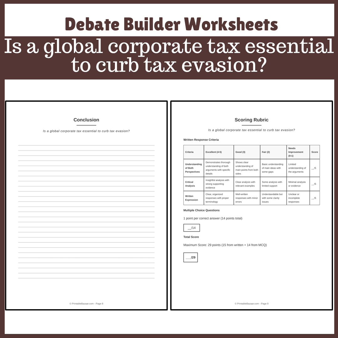 Is a global corporate tax essential to curb tax evasion? | Favour and Against Worksheet Printable Activity