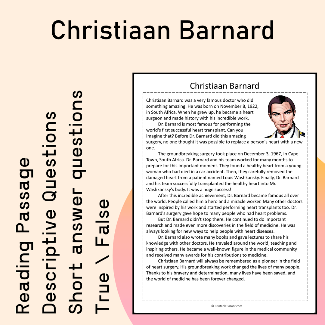 Christiaan Barnard | Reading Comprehension Passage Printable Activity