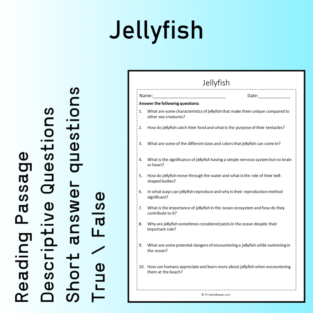 Jellyfish | Reading Comprehension Passage Printable Worksheet