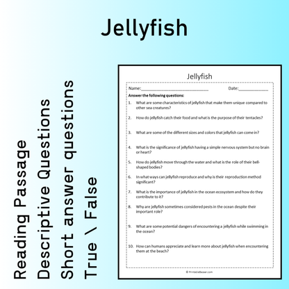 Jellyfish | Reading Comprehension Passage Printable Worksheet