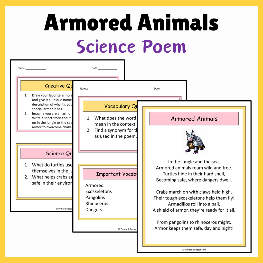 Armored Animals | Science Poem Reading Comprehension Activity