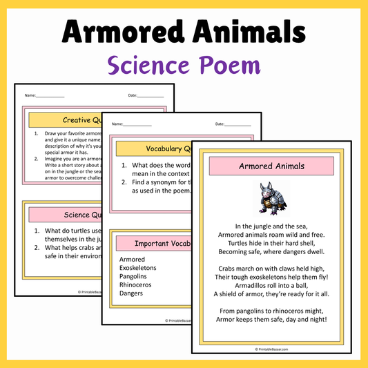 Armored Animals | Science Poem Reading Comprehension Activity