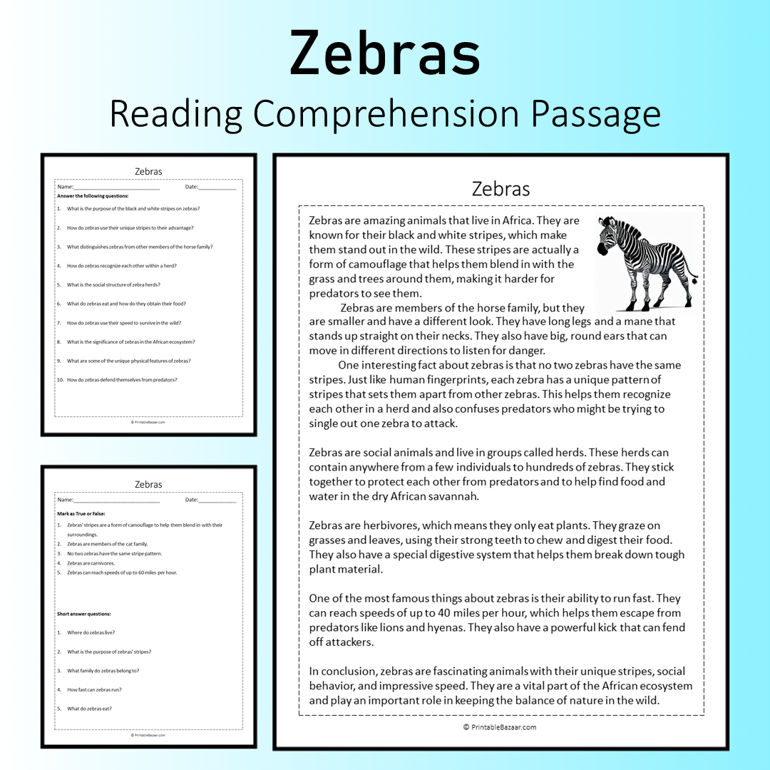 Zebras | Reading Comprehension Passage Printable Worksheet