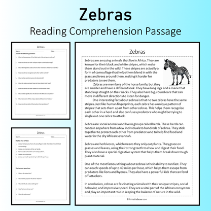 Zebras | Reading Comprehension Passage Printable Worksheet