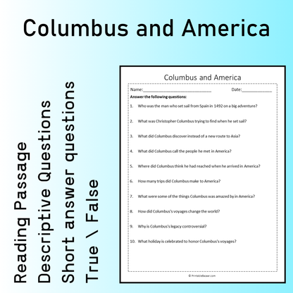 Columbus and America | Reading Comprehension Passage Printable Worksheet