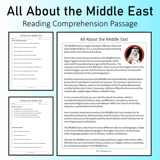 All About the Middle East | Reading Comprehension Passage Printable Worksheet