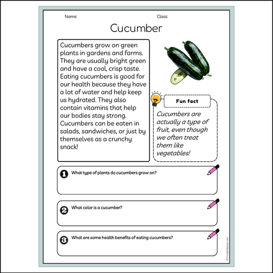 Cucumber | Reading Passage Comprehension Questions Writing Facts Worksheet