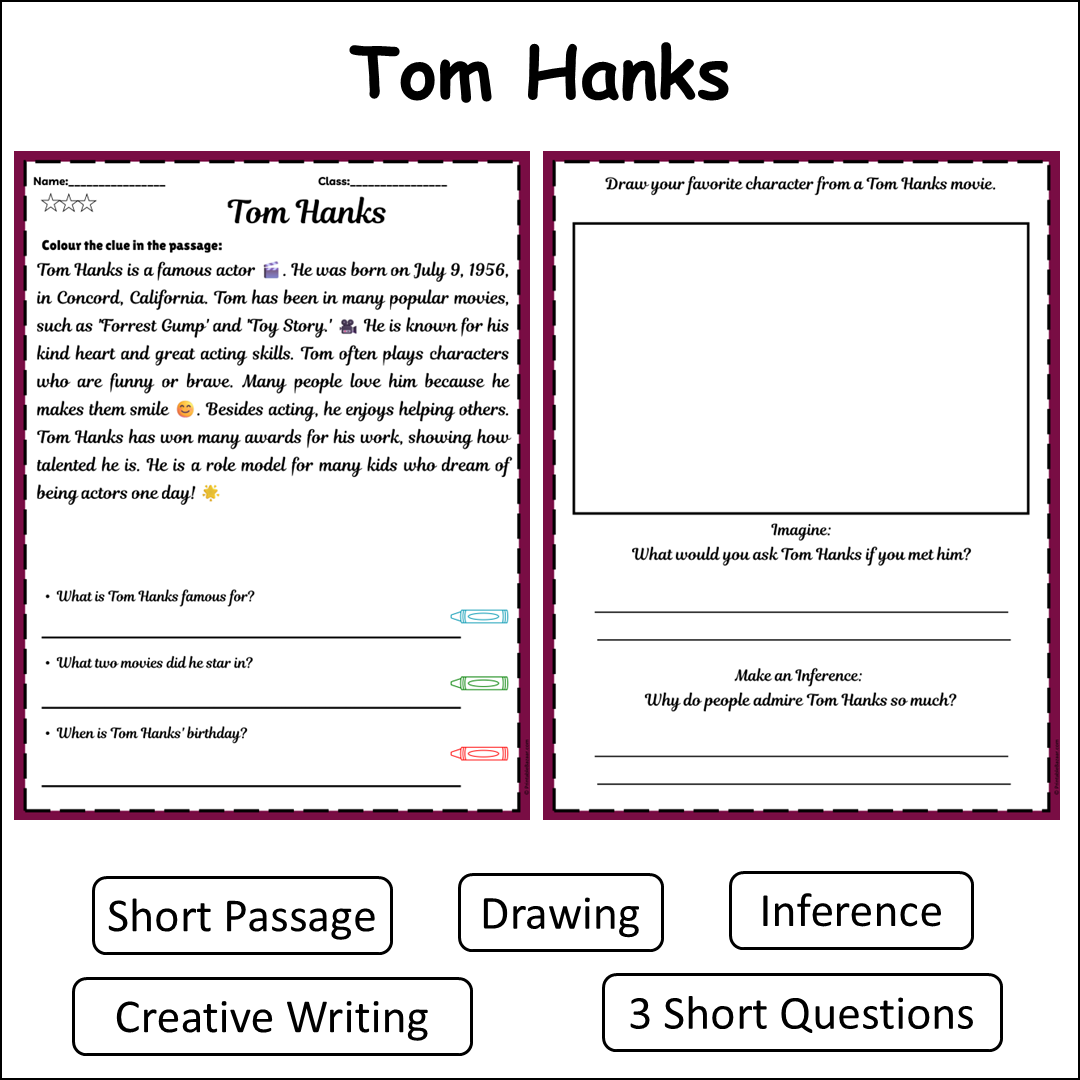 Tom Hanks | Short Reading Comprehension Creative Worksheet