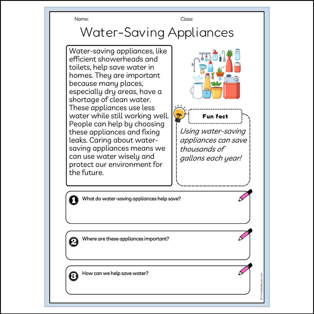 Water-Saving Appliances | Reading Passage Comprehension Questions Writing Facts Worksheet