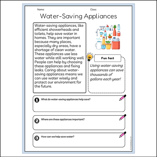 Water-Saving Appliances | Reading Passage Comprehension Questions Writing Facts Worksheet