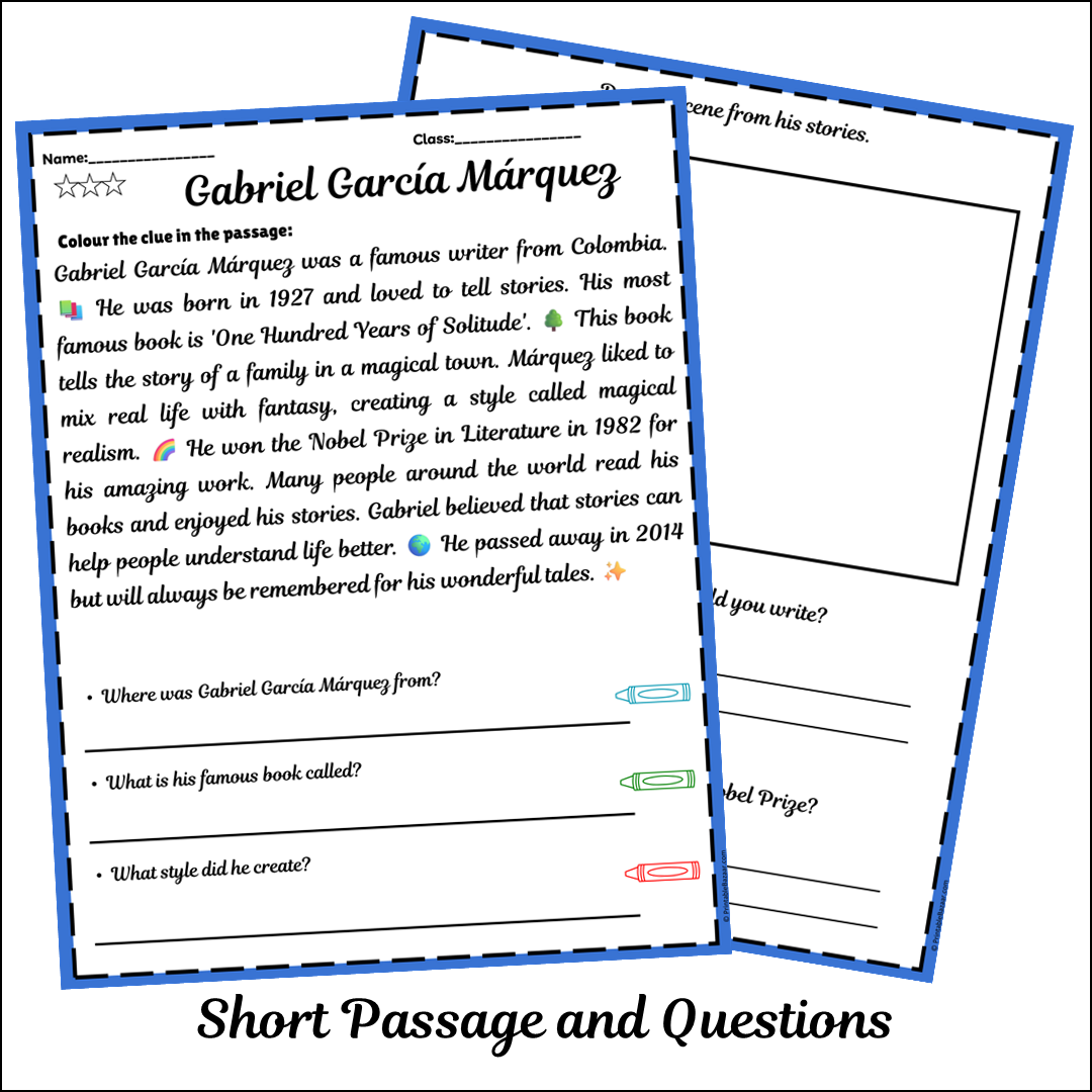 Gabriel García Márquez | Short Reading Comprehension Creative Worksheet