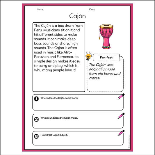 Cajón | Reading Passage Comprehension Questions Writing Facts Worksheet