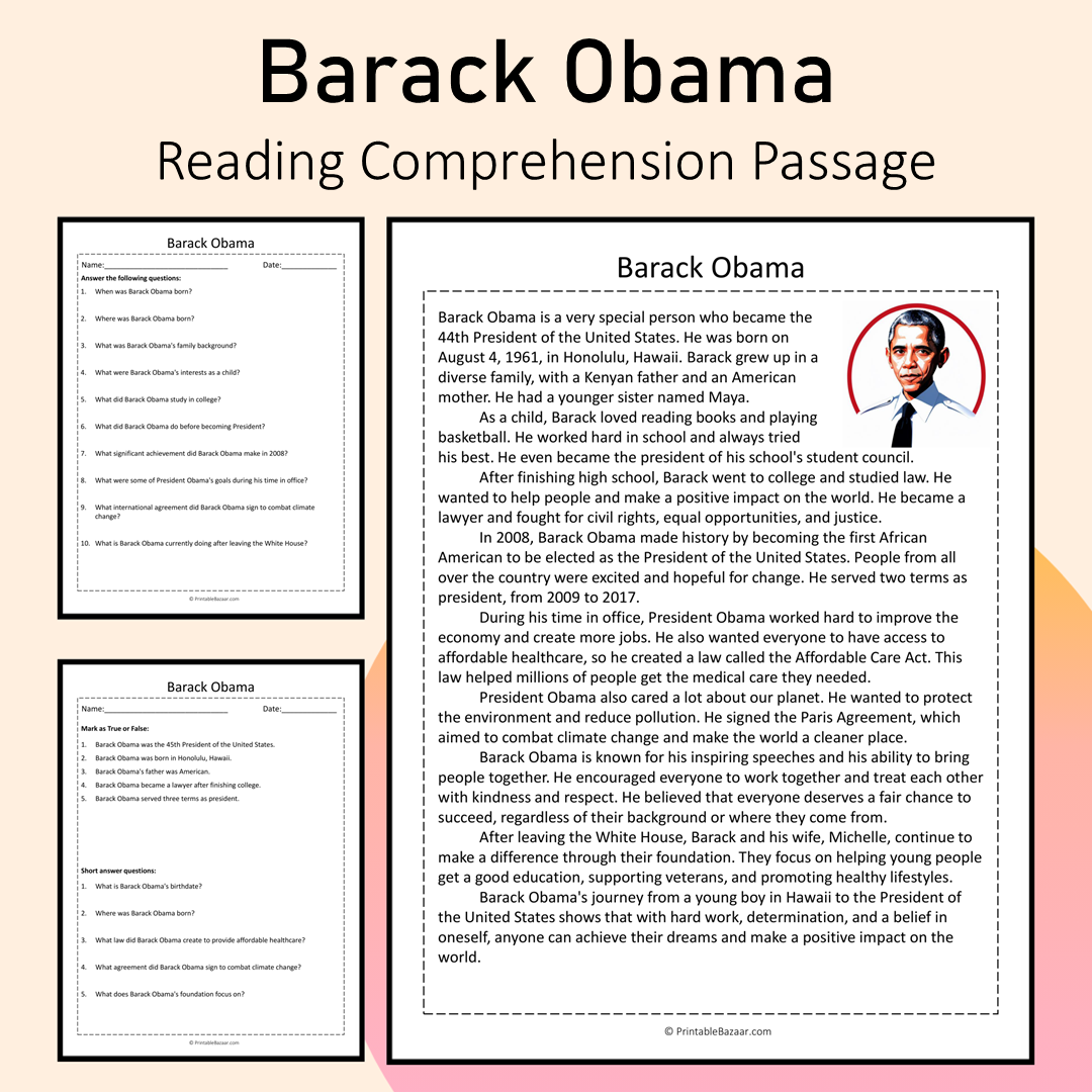 Barack Obama | Reading Comprehension Passage Printable Activity