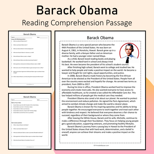 Barack Obama | Reading Comprehension Passage Printable Activity