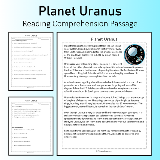 Planet Uranus | Reading Comprehension Passage Printable Worksheet