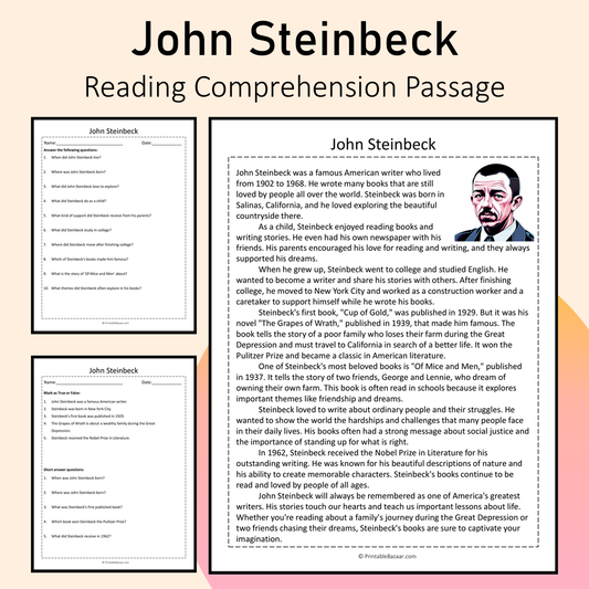 John Steinbeck | Reading Comprehension Passage Printable Activity