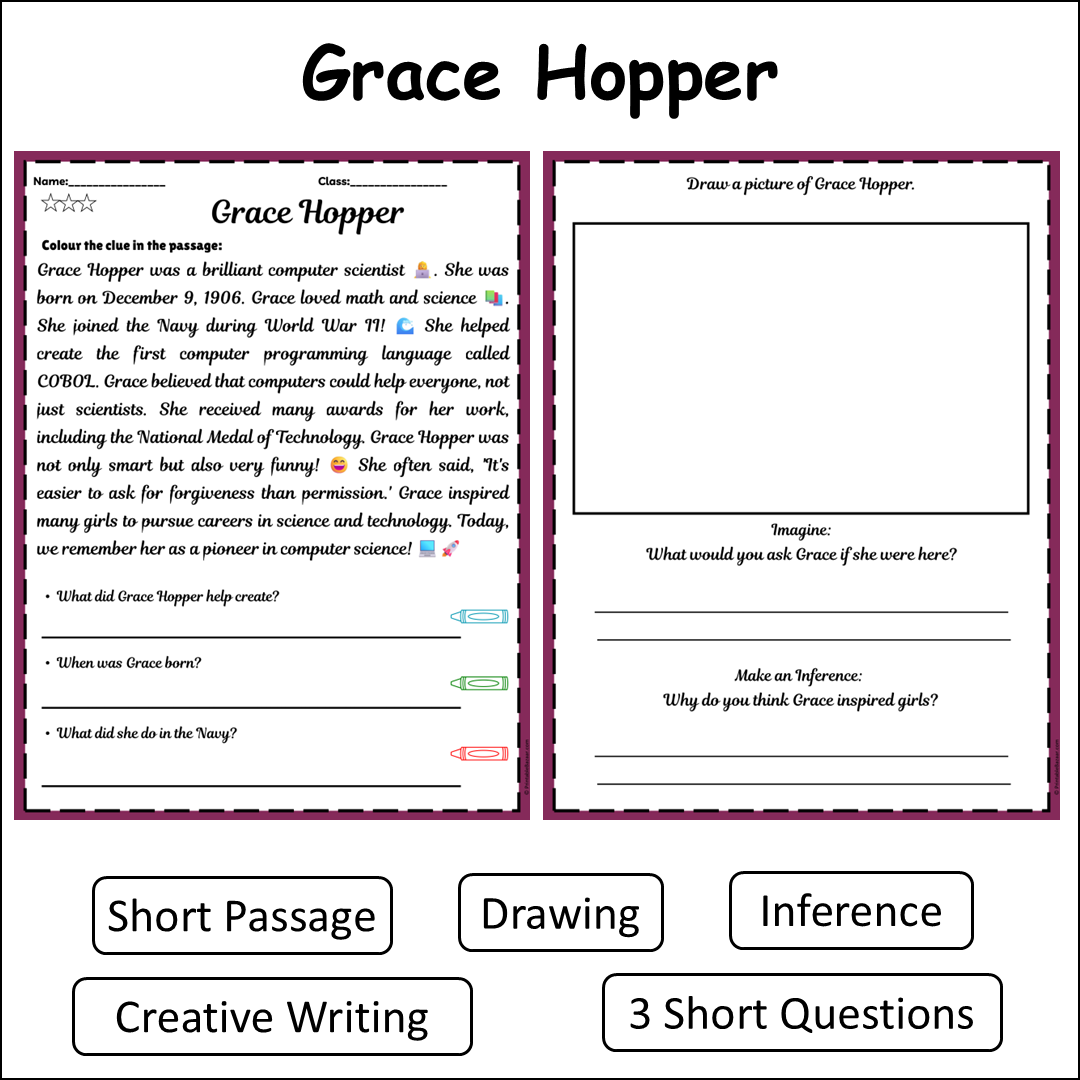 Grace Hopper | Short Reading Comprehension Creative Worksheet