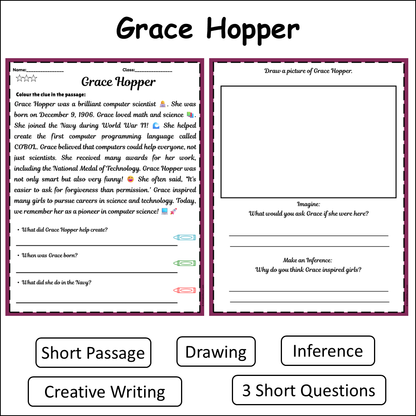 Grace Hopper | Short Reading Comprehension Creative Worksheet