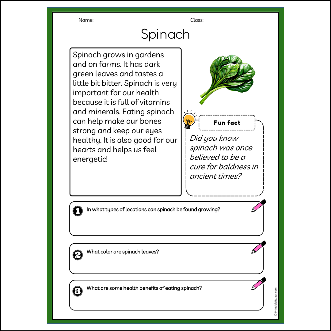 Spinach | Reading Passage Comprehension Questions Writing Facts Worksheet