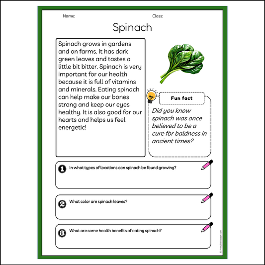 Spinach | Reading Passage Comprehension Questions Writing Facts Worksheet