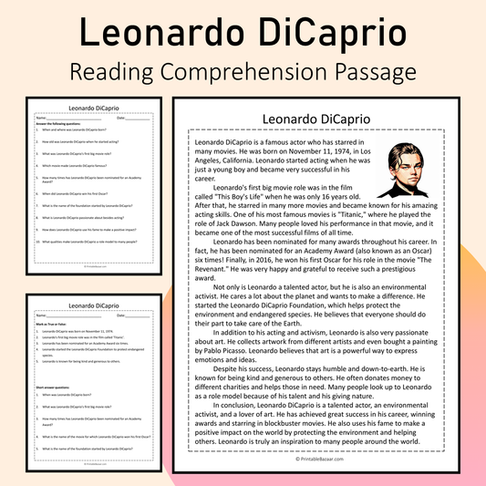 Leonardo DiCaprio | Reading Comprehension Passage Printable Activity