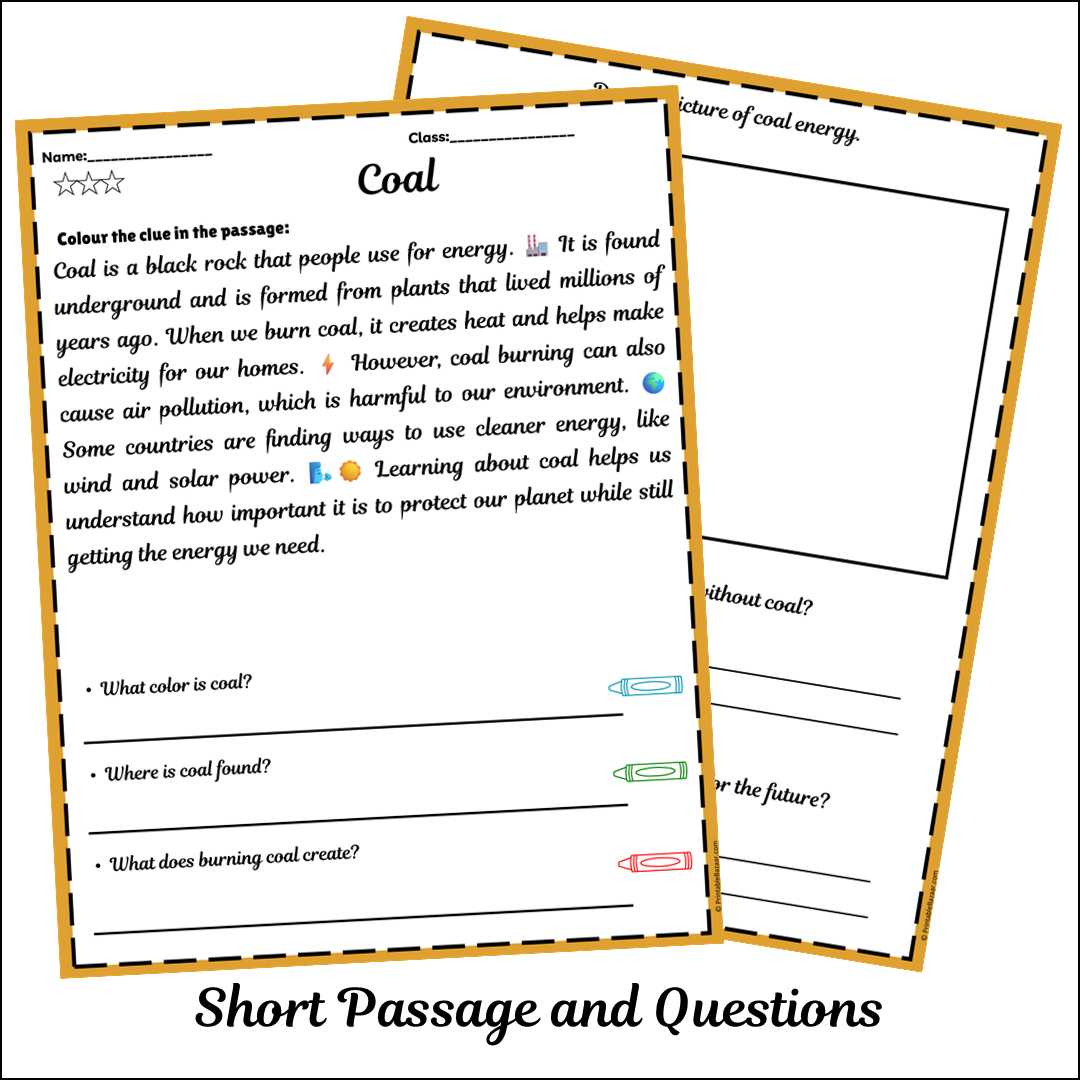 Coal | Short Reading Comprehension Creative Worksheet