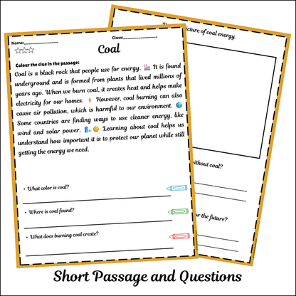 Coal | Short Reading Comprehension Creative Worksheet