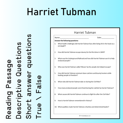 Harriet Tubman | Reading Comprehension Passage Printable Worksheet