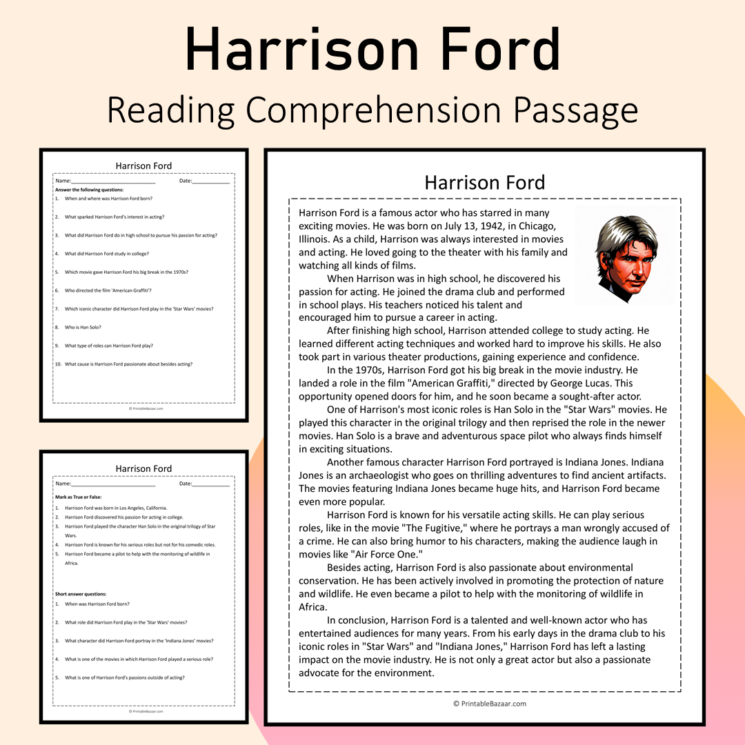 Harrison Ford | Reading Comprehension Passage Printable Activity