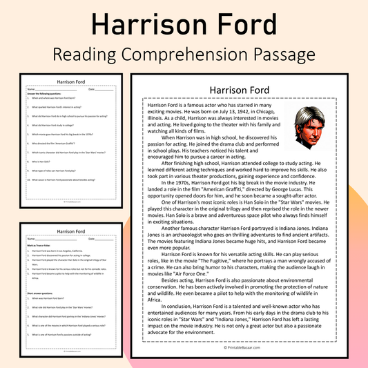 Harrison Ford | Reading Comprehension Passage Printable Activity