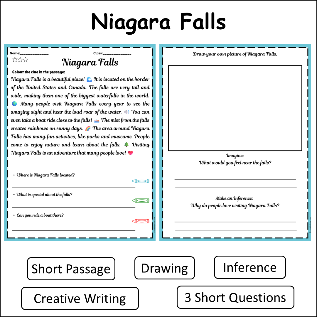 Niagara Falls | Short Reading Comprehension Creative Worksheet