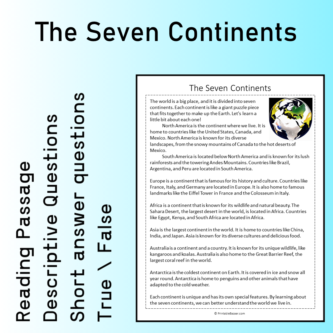 The Seven Continents | Reading Comprehension Passage Printable Worksheet