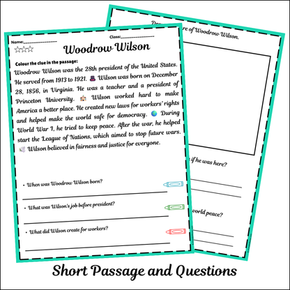 Woodrow Wilson | Short Reading Comprehension Creative Worksheet