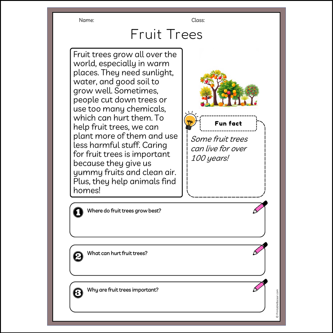 Fruit Trees | Reading Passage Comprehension Questions Writing Facts Worksheet