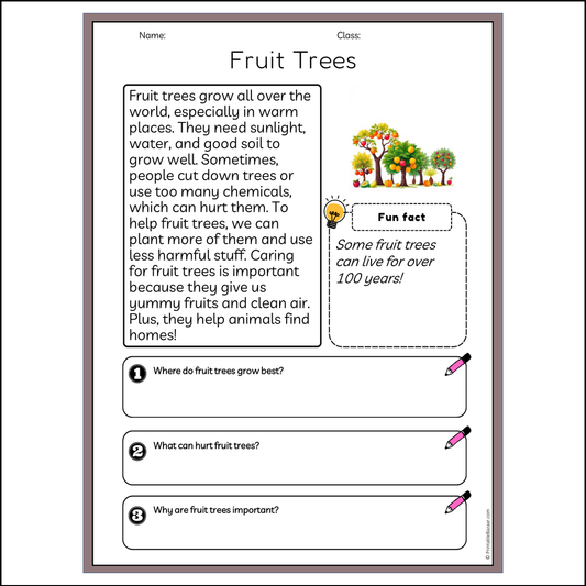 Fruit Trees | Reading Passage Comprehension Questions Writing Facts Worksheet