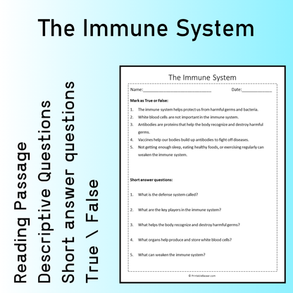 The Immune System | Reading Comprehension Passage Printable Worksheet