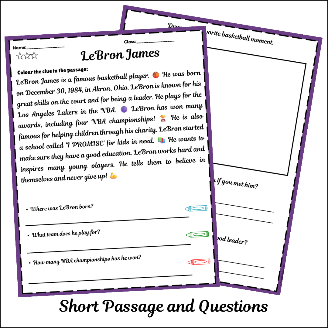 LeBron James | Short Reading Comprehension Creative Worksheet