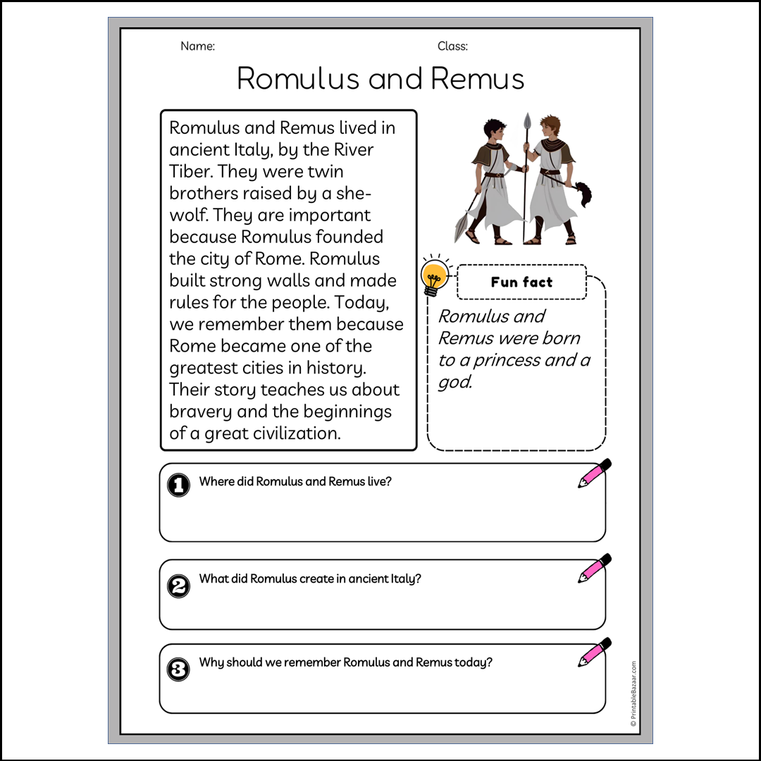 Romulus and Remus | Reading Passage Comprehension Questions Writing Facts Worksheet