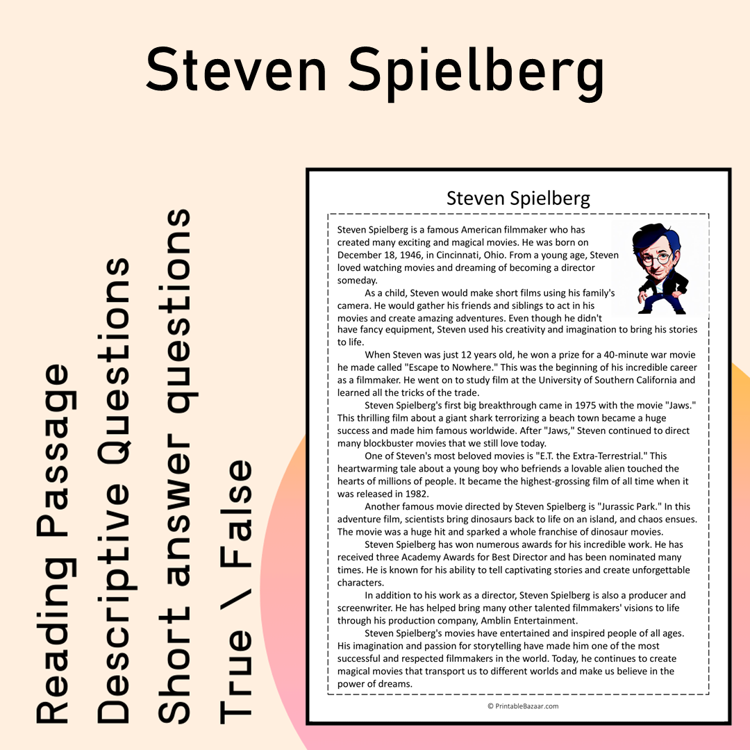 Steven Spielberg | Reading Comprehension Passage Printable Activity