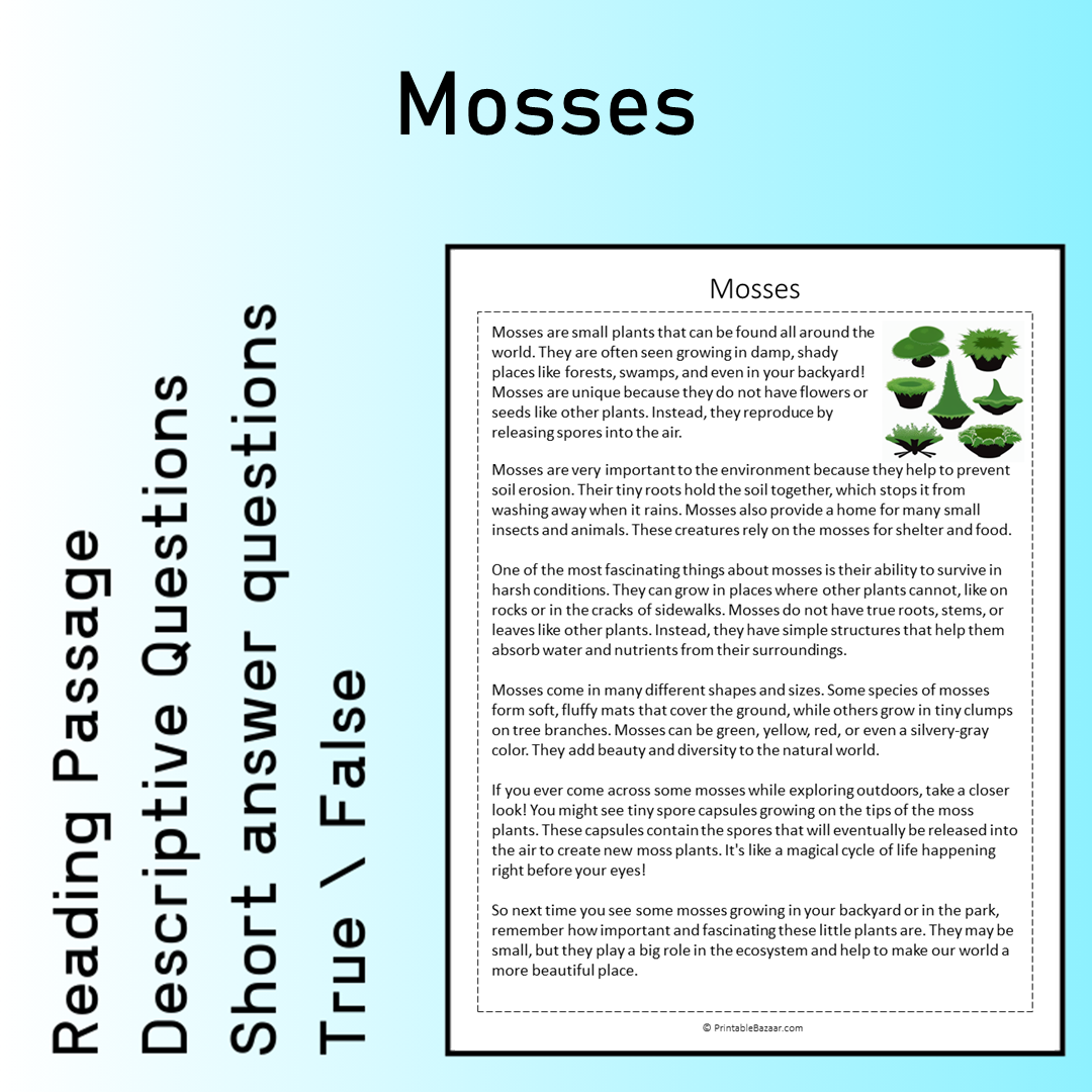 Mosses | Reading Comprehension Passage Printable Worksheet