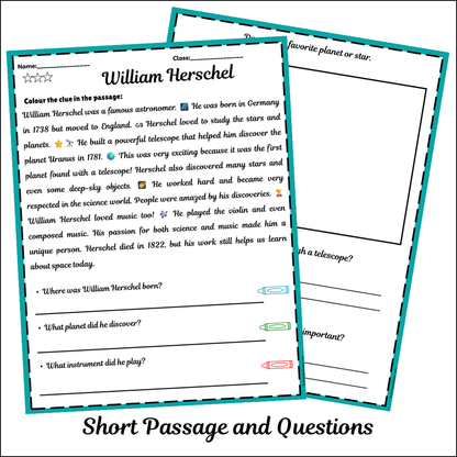 William Herschel | Short Reading Comprehension Creative Worksheet