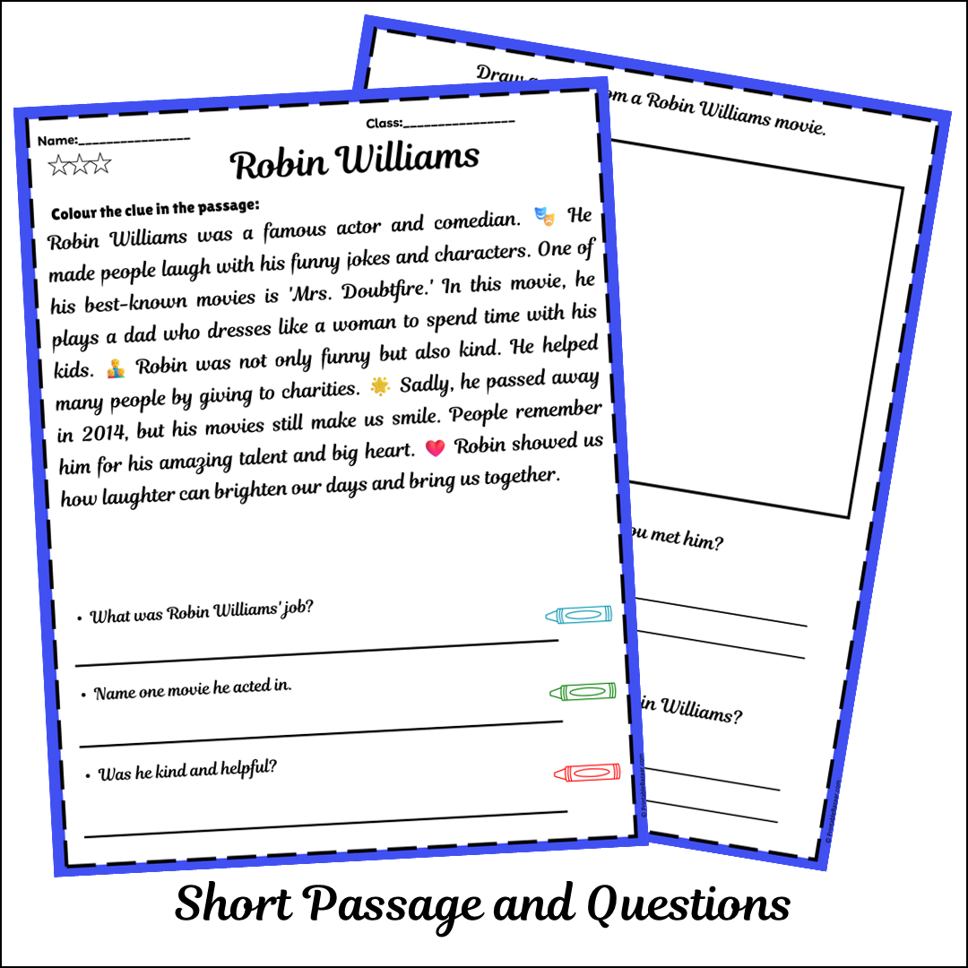 Robin Williams | Short Reading Comprehension Creative Worksheet