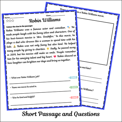 Robin Williams | Short Reading Comprehension Creative Worksheet
