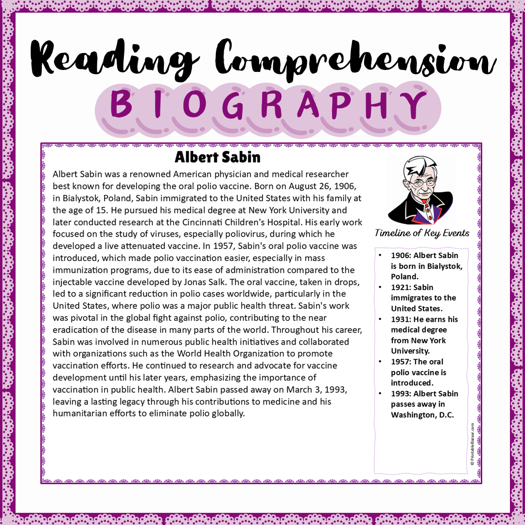 Albert Sabin | Biography Reading Comprehension and Questions Worksheet