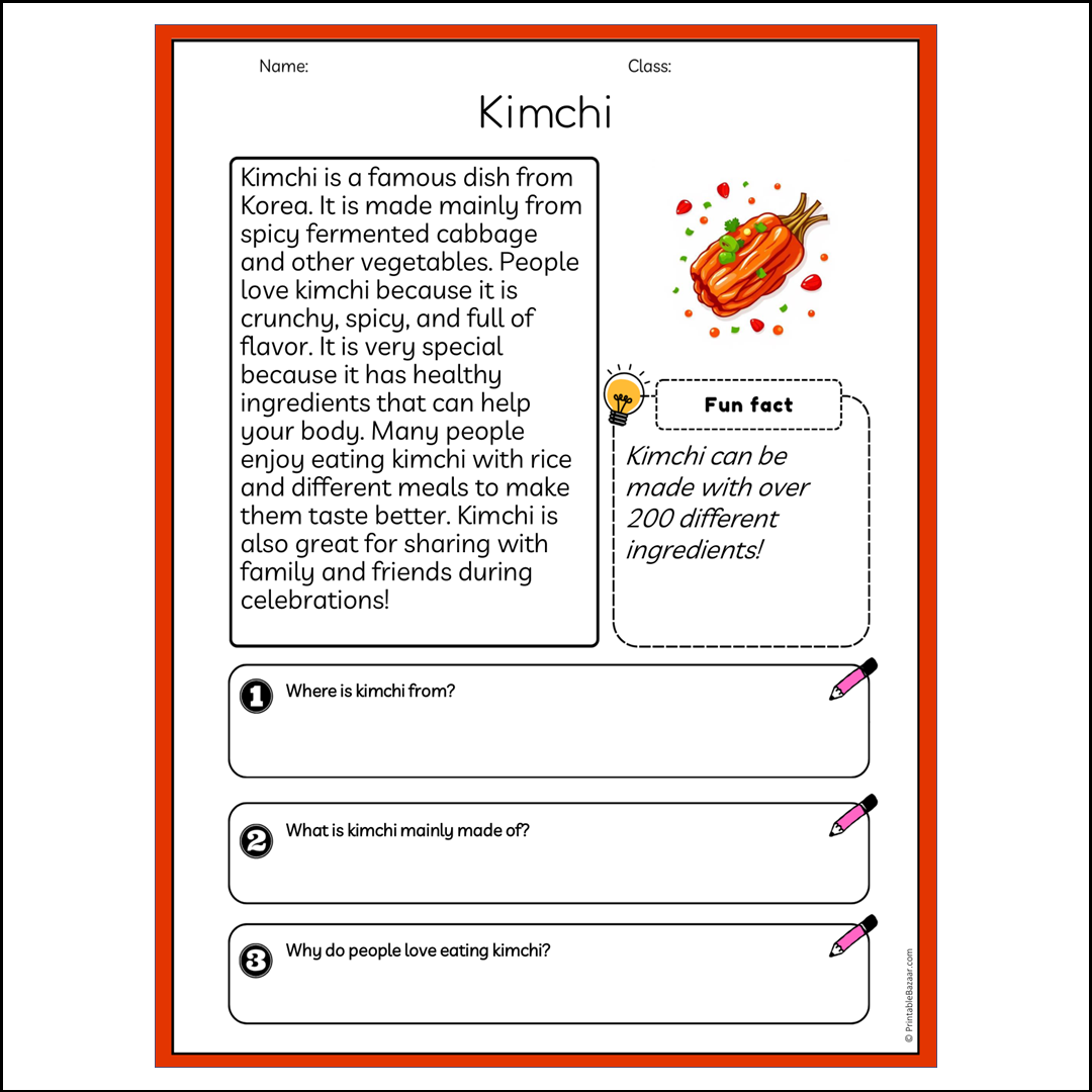 Kimchi | Reading Passage Comprehension Questions Writing Facts Worksheet